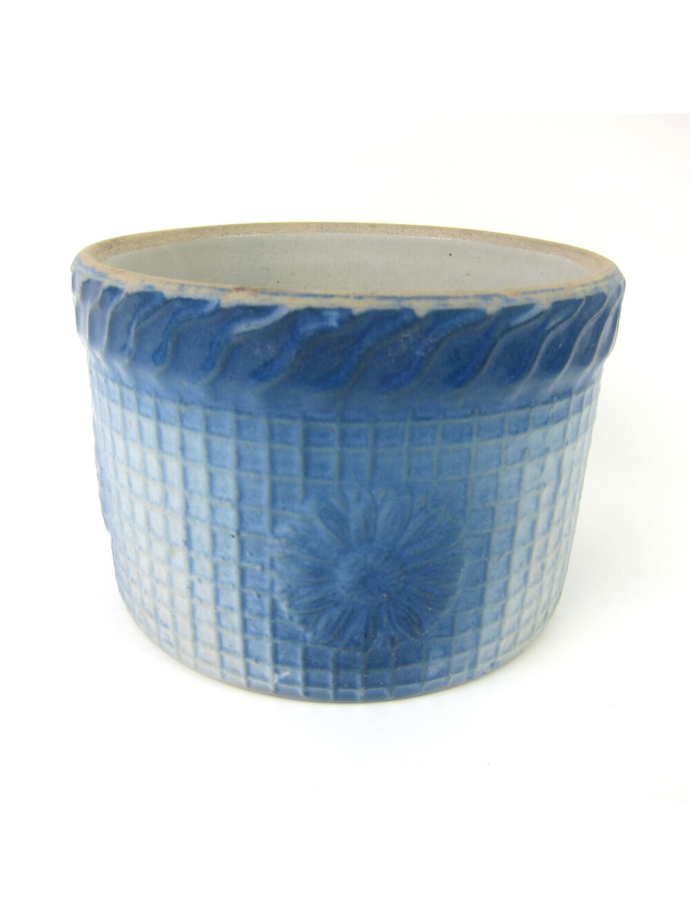 Antique McCoy Blue & White Salt Glaze Stoneware Butter Crock Daisy Flower Waffle